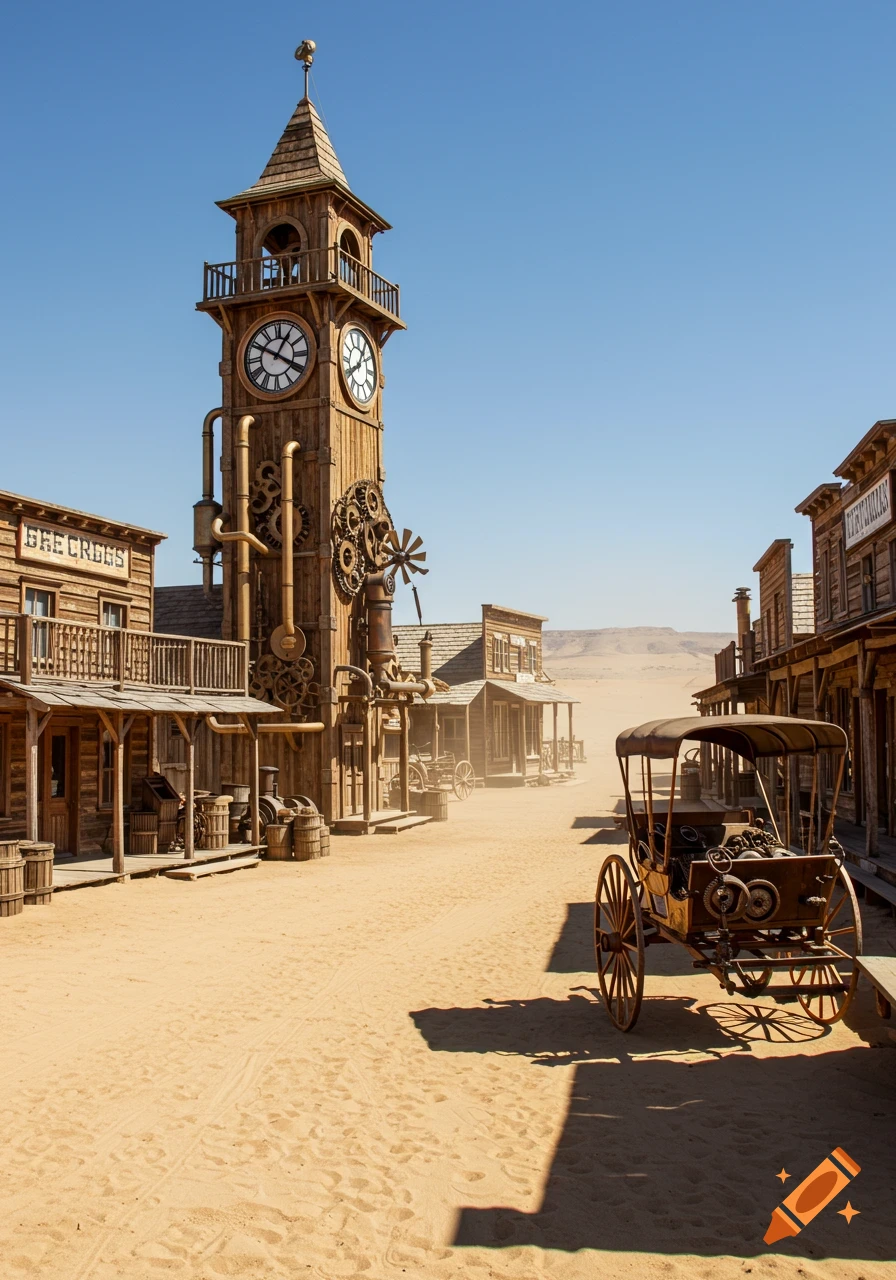 A desolate Wild West town street features a tall wooden clock tower adorned with steampunk gears and pipes. Wooden buildings line the sandy street under a clear blue sky, with desert hills in the background.
