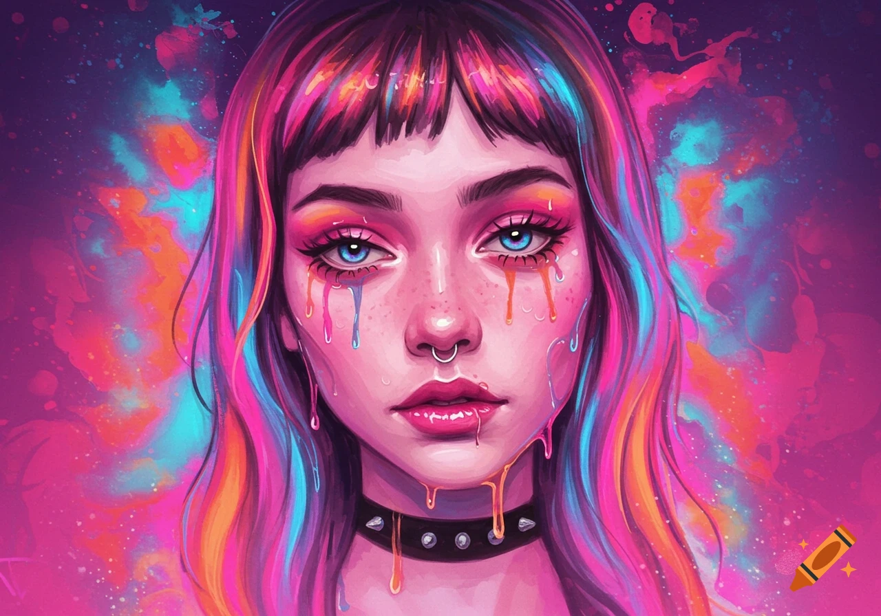 Vibrant watercolor portrait of a person with colorful hair and dripping makeup, featuring a nose ring and spiked choker against a psychedelic background.