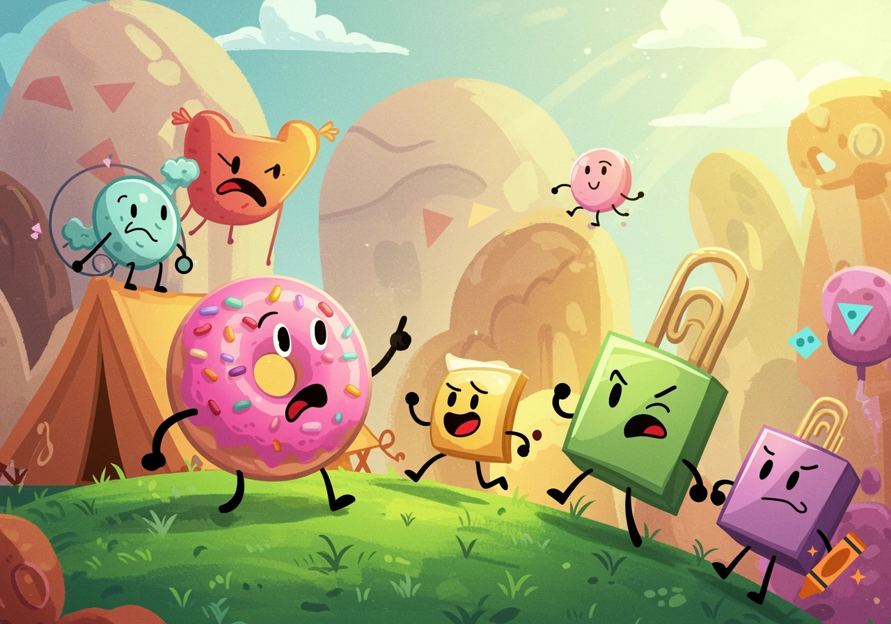 A colorful cartoon landscape with various anthropomorphic objects like a donut, heart, and locks, expressing different emotions.