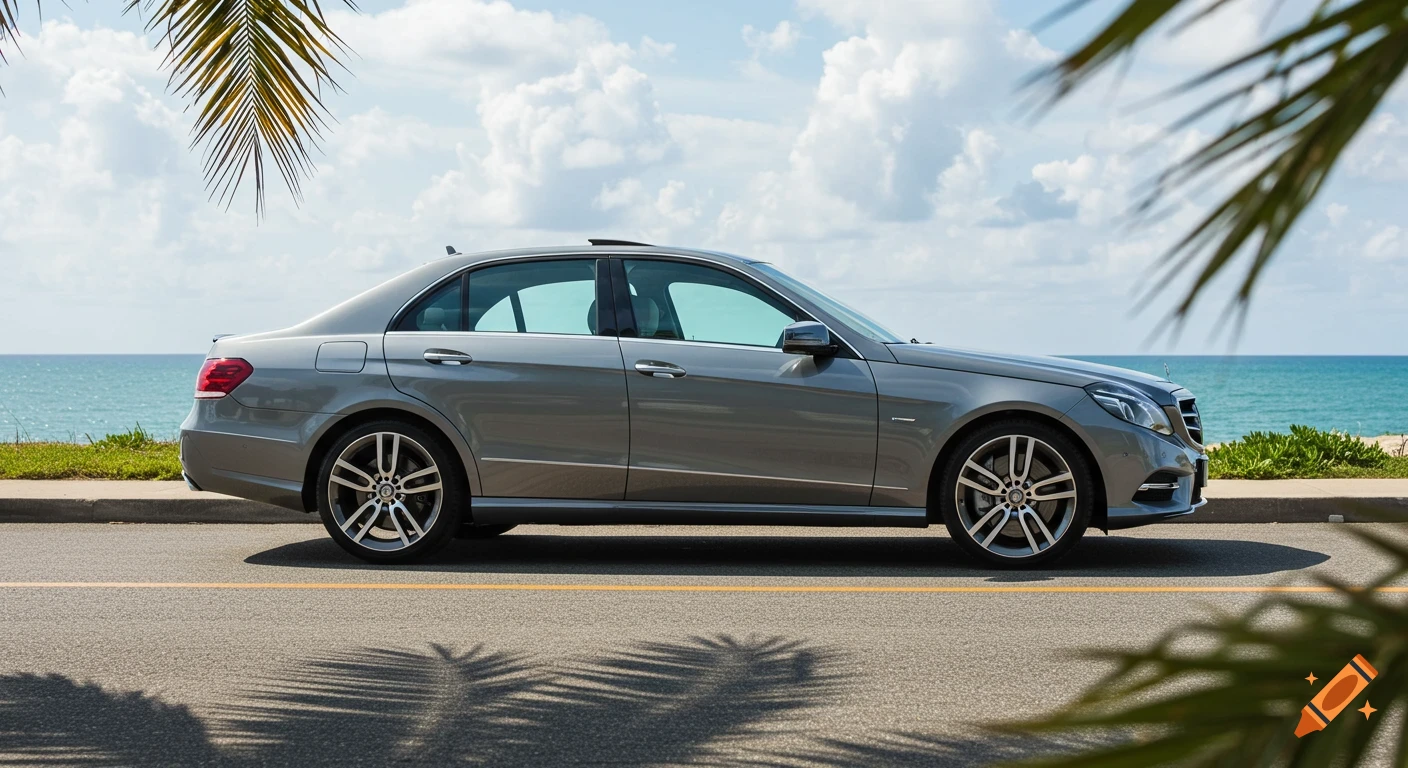 A grey Mercedes Benz E-Class sedan parked on a road next to the ocean under a blue sky with clouds and palm tree shadows.