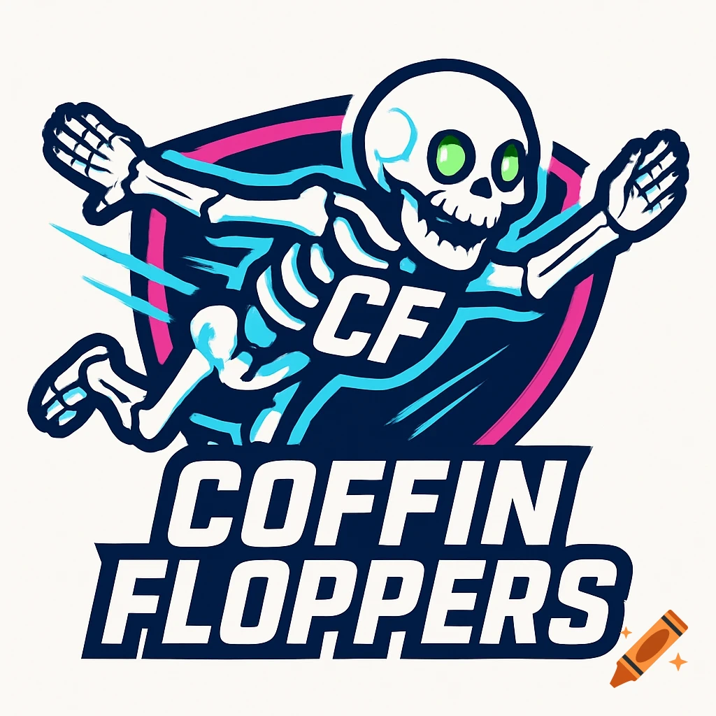 A cartoonish skeleton mascot logo for 'Coffin Floppers'. A white skeleton with green eyes dives against a background of pink and blue, with 'CF' on its chest and 'COFFIN FLOPPERS' below.