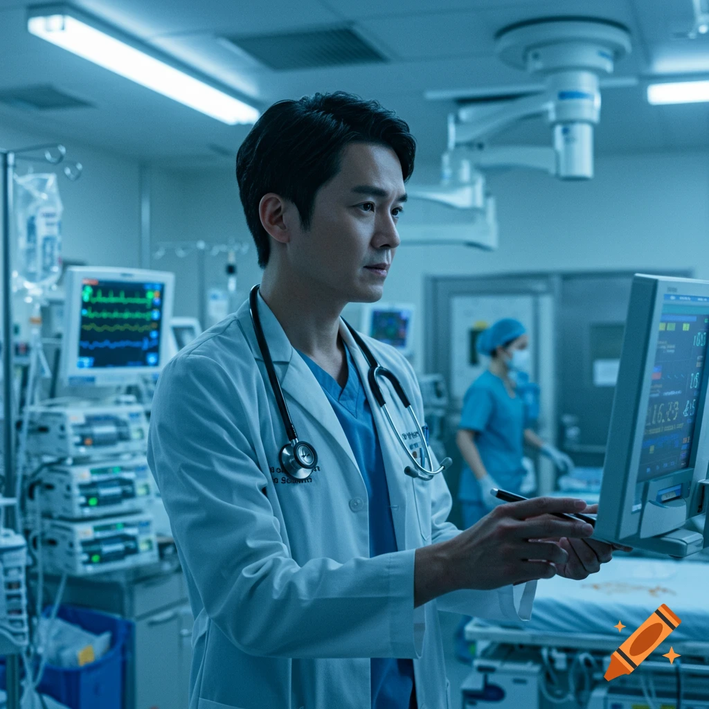A photorealistic image of a male doctor in a lab coat and stethoscope examining a medical monitor in a hospital setting.