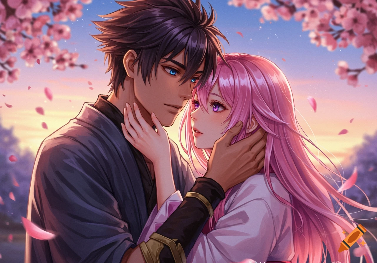 Anime couple embracing under cherry blossoms at sunset.