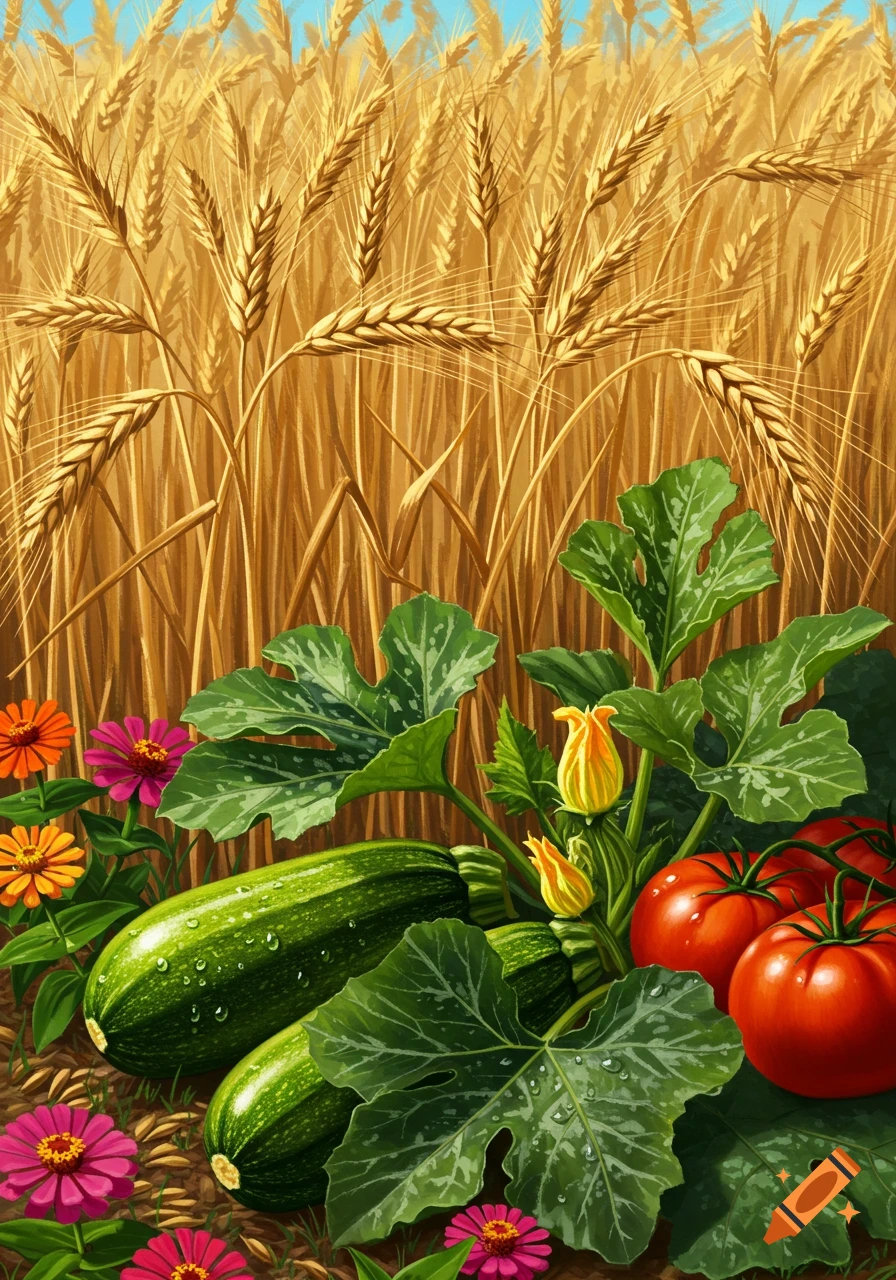 Illustrative view of green zucchini and red tomatoes growing among colorful zinnias at the base of golden wheat stalks under a blue sky.
