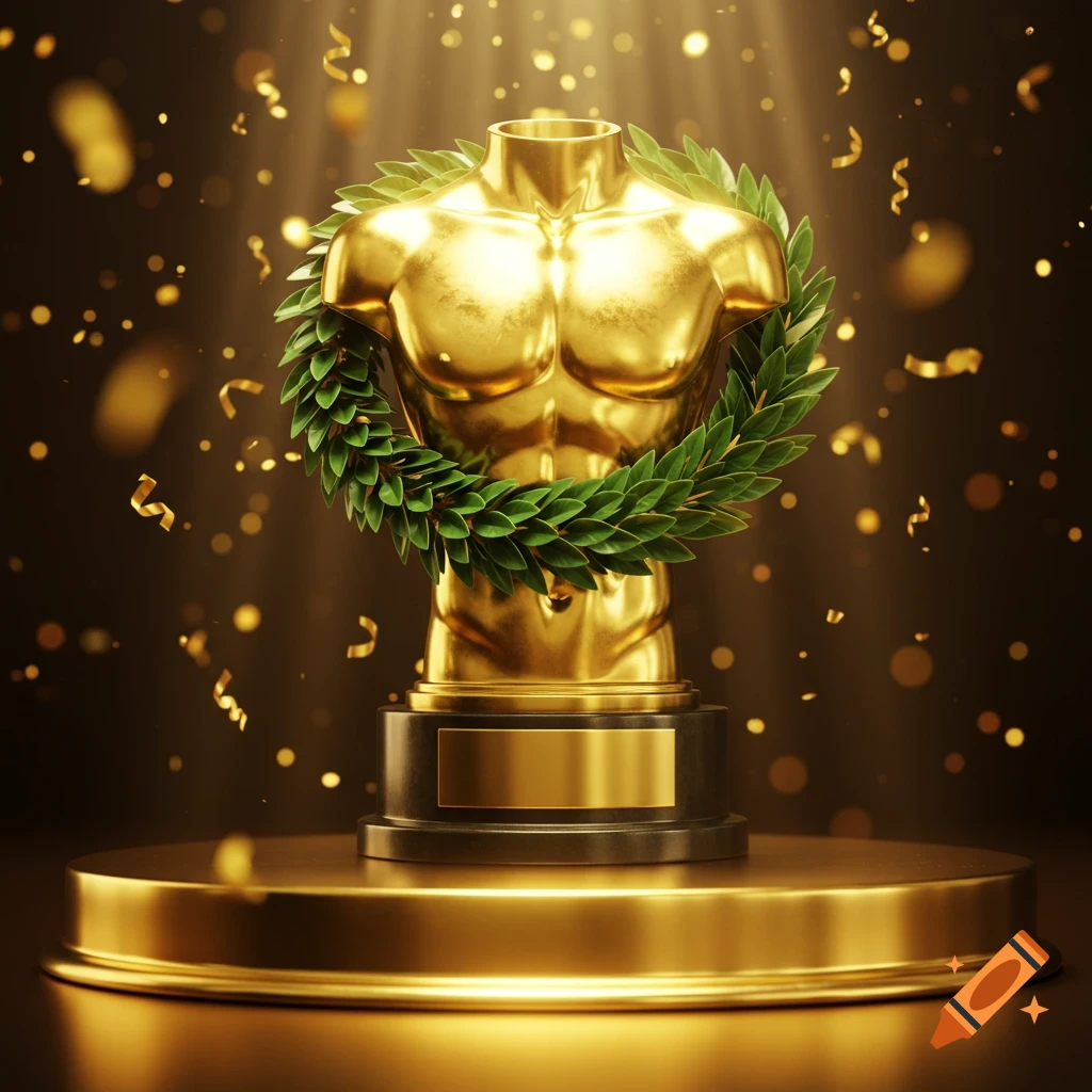 Photorealistic gold torso award with a green laurel wreath on a podium, surrounded by falling golden confetti and light rays.