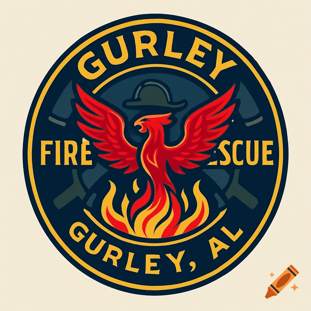 Circular logo for Gurley Fire & Rescue with a red phoenix, flames, and firefighting tools on a dark blue background.