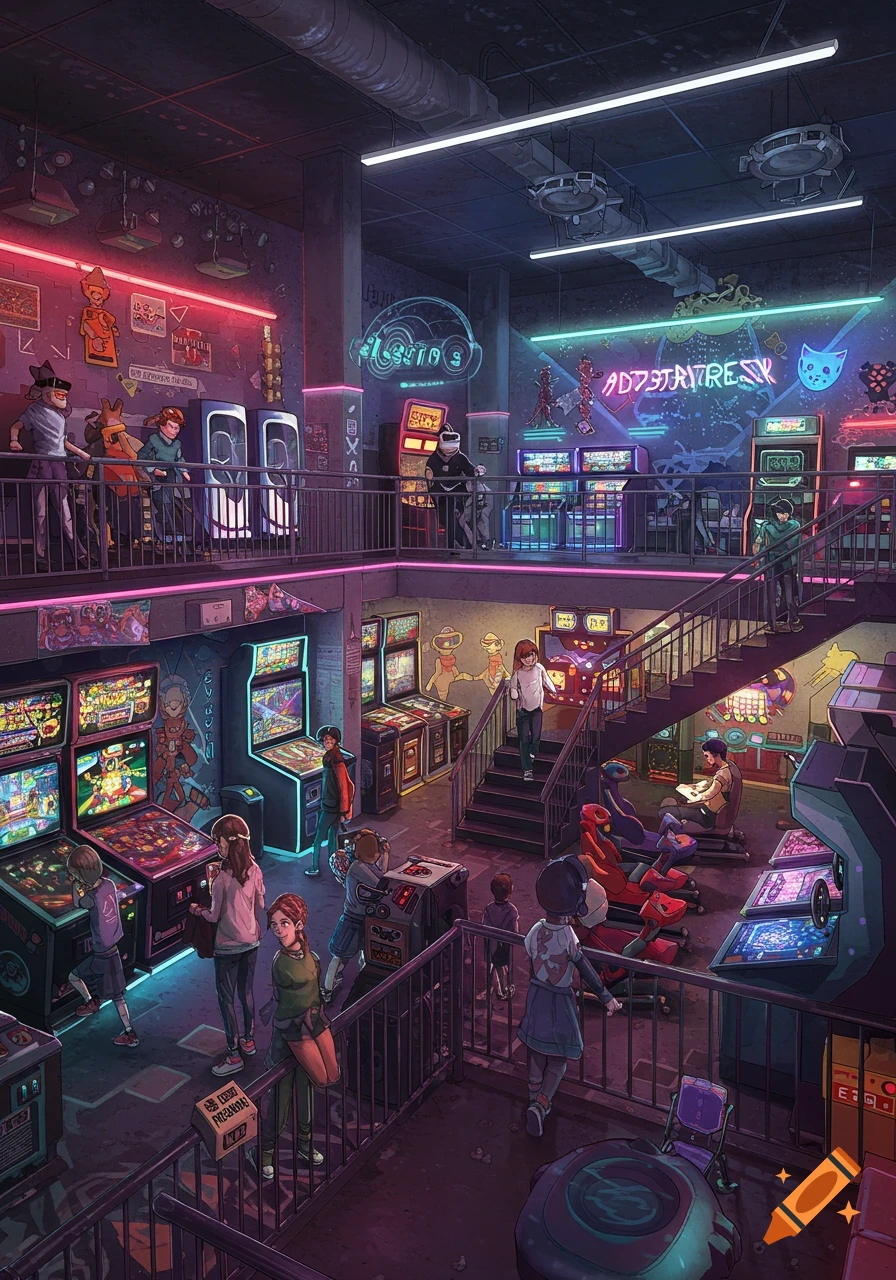 A vibrant, two-story retro arcade with numerous neon-lit game machines and people playing and exploring.