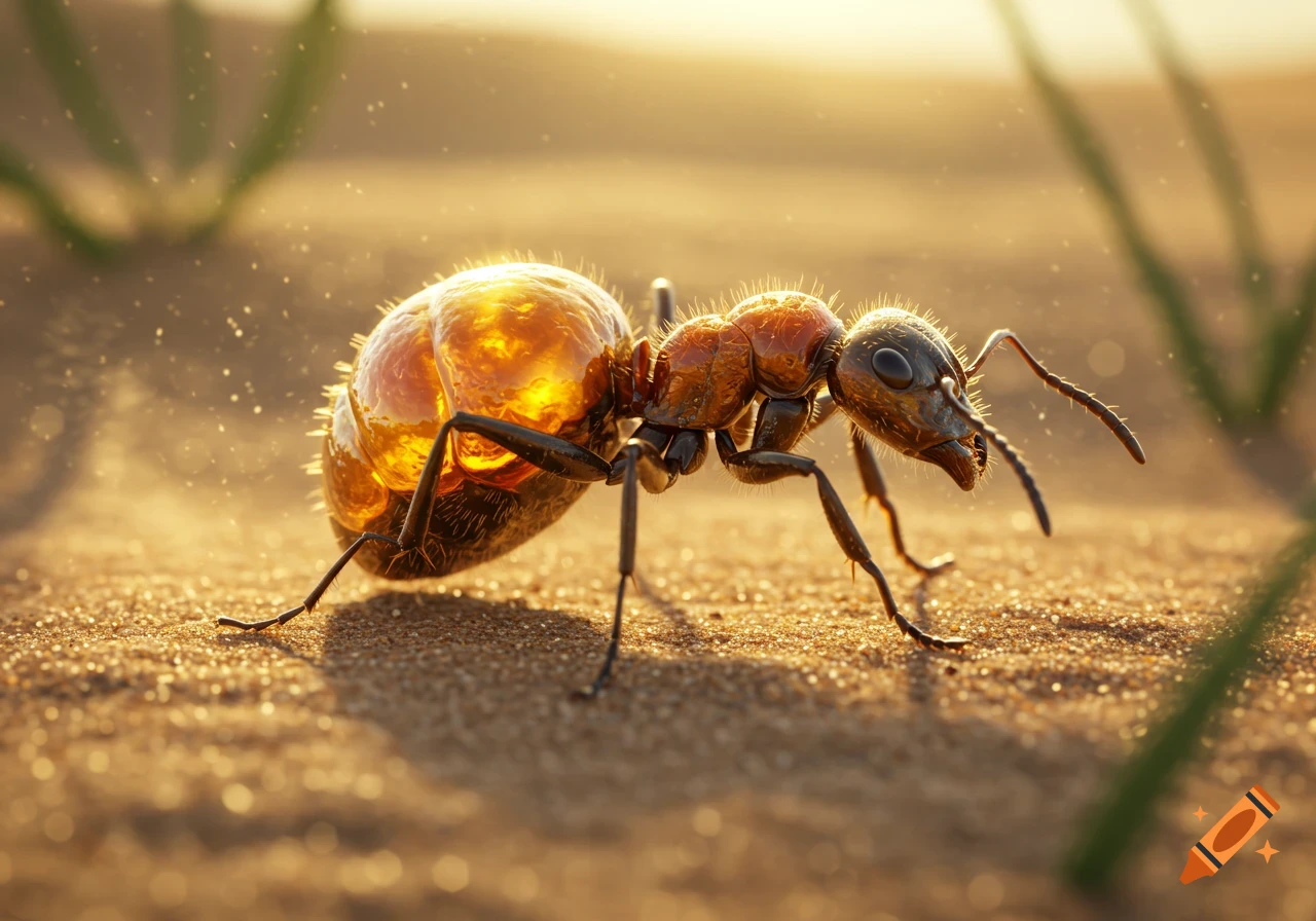 Photorealistic macro shot of a honeypot ant with a large, glowing amber abdomen walking on sandy ground at sunset.