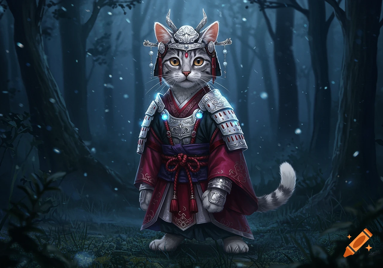 A grey tabby cat dressed in detailed red and silver samurai armor with glowing blue accents stands in a dark, misty forest with falling snow.