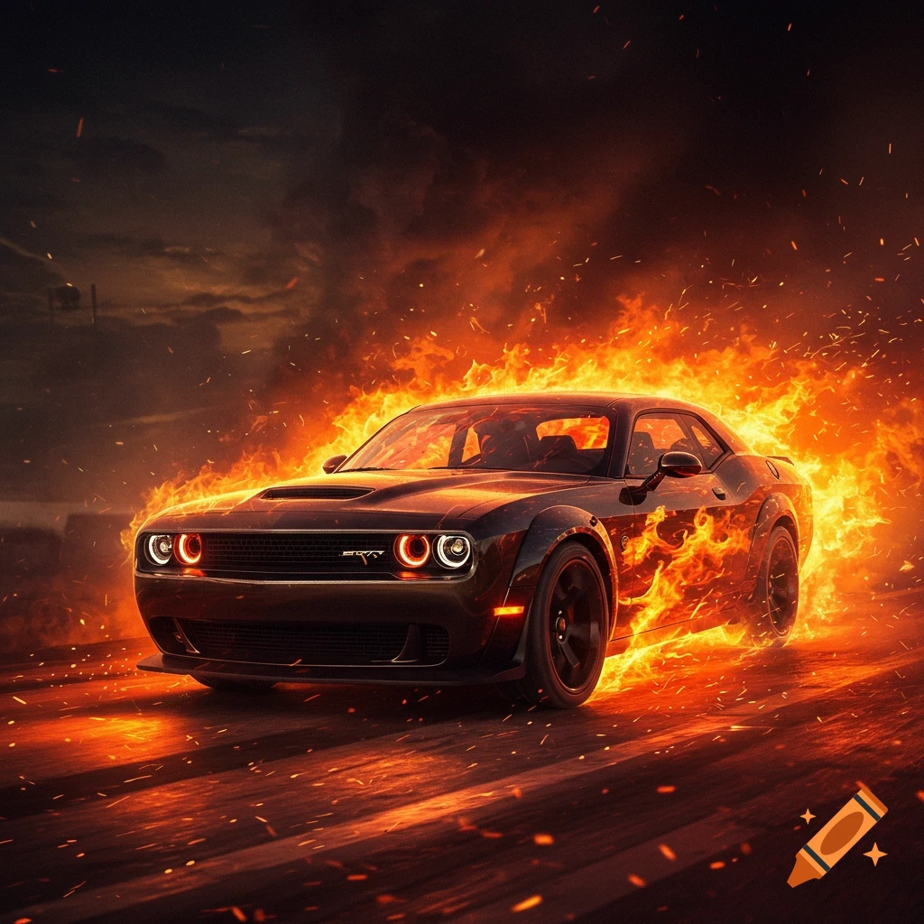 A dark Dodge Challenger sports car is engulfed in bright orange flames and sparks on a road, under a smoky sky.