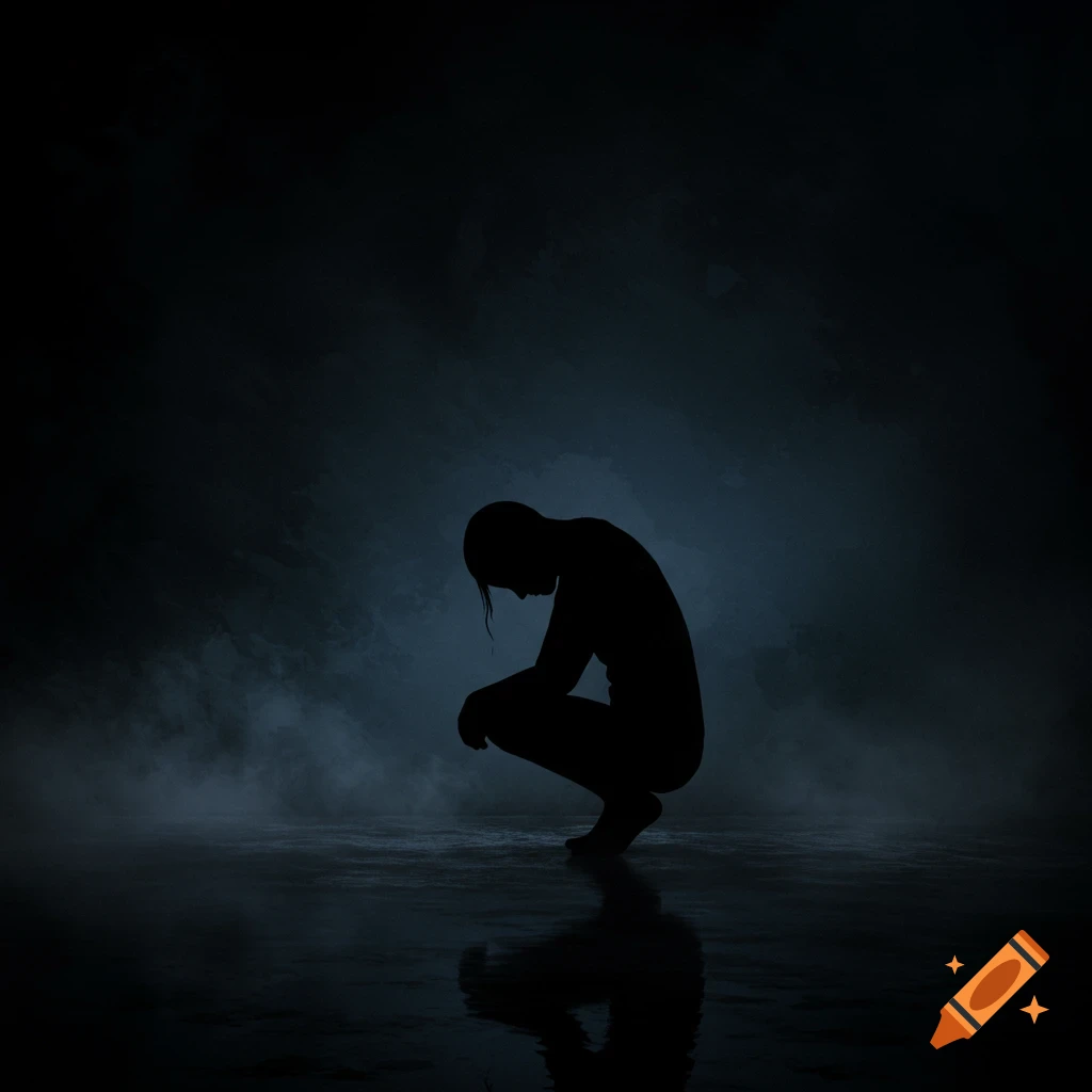 A black silhouette of a person crouching, head down, in a dark, misty environment with a wet reflective floor.