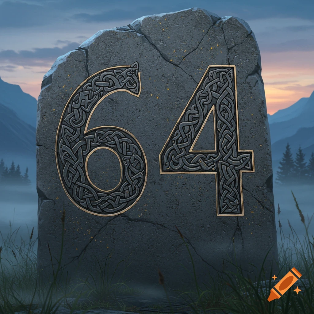 A stone tablet with the number 64 carved in a detailed runic style, set in a misty, mountainous landscape at dusk.