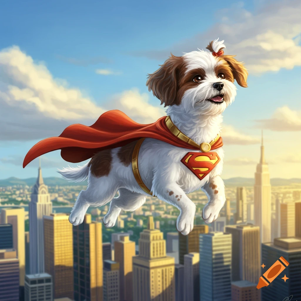 A cute Shih Tzu dog wearing a red cape and a Superman emblem flies over a city skyline at sunset.