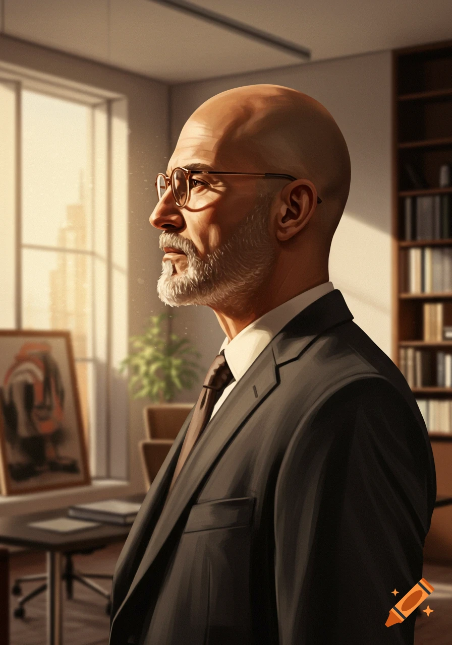 A digital art portrait of a bald man with a goatee and glasses, wearing a suit, looking out a sunlit office window.