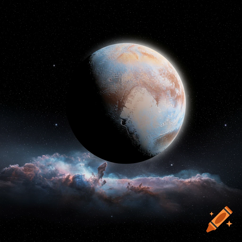 A spherical planet with an icy, reddish-brown and blue surface floats above a colorful nebula in a starry black space.