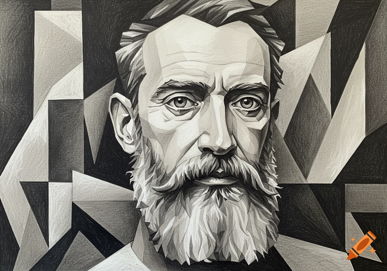 Black and white cubist drawing of a bearded man's face with a geometric background.