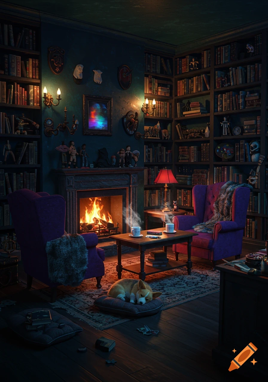 A cozy, dark home library with teal walls and purple velvet chairs around a fireplace. A corgi sleeps on a pillow.