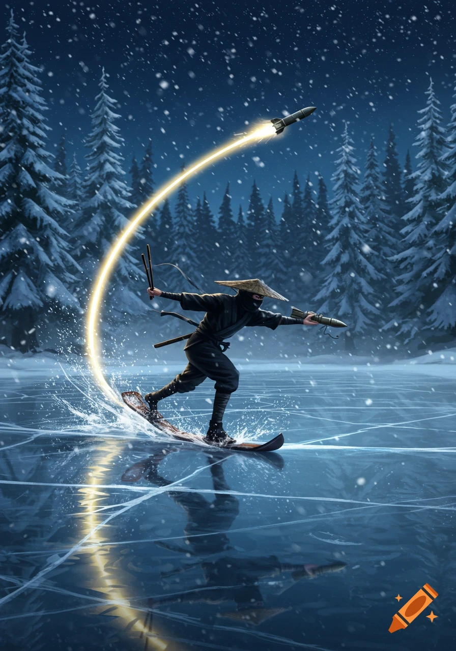 A ninja wearing a straw hat and mask ice skates across a frozen lake in a snowy forest at night, launching a glowing missile.