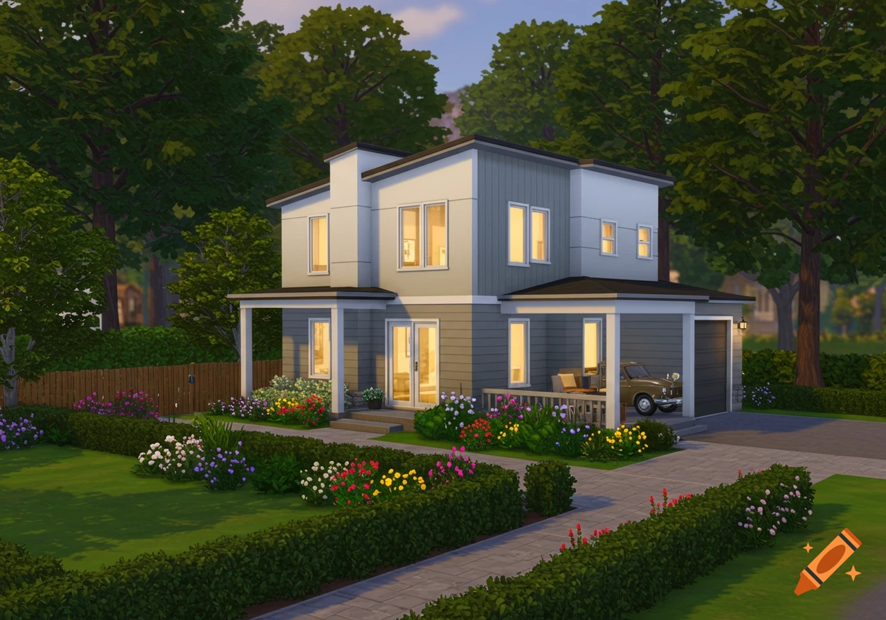 A modern two-story house with gray and white siding, a landscaped front yard with colorful flowers, and a vintage car parked.