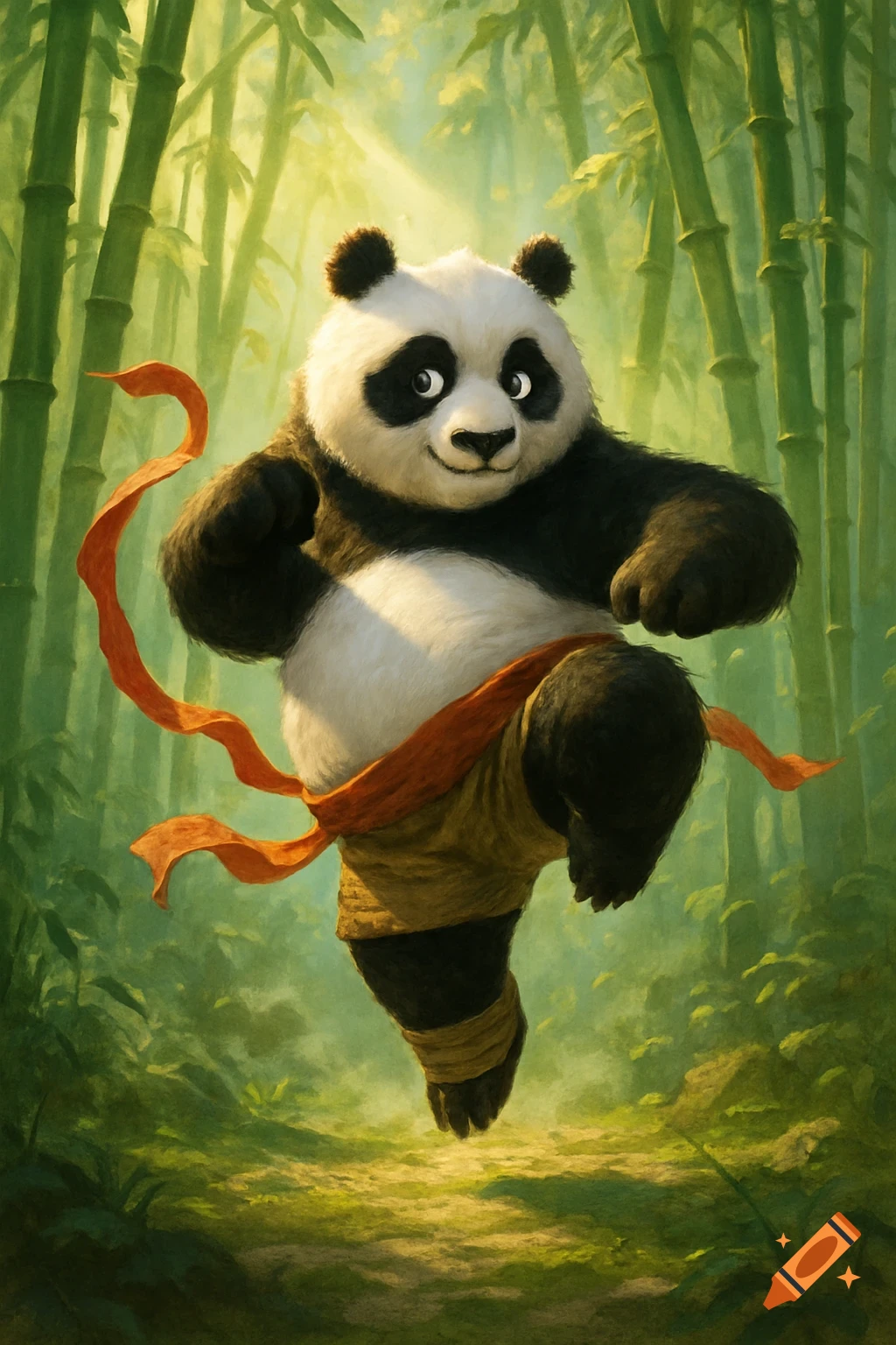 A joyful cartoon panda in a kung fu pose jumps mid-air, an orange ribbon flowing around its waist in a vibrant bamboo forest.
