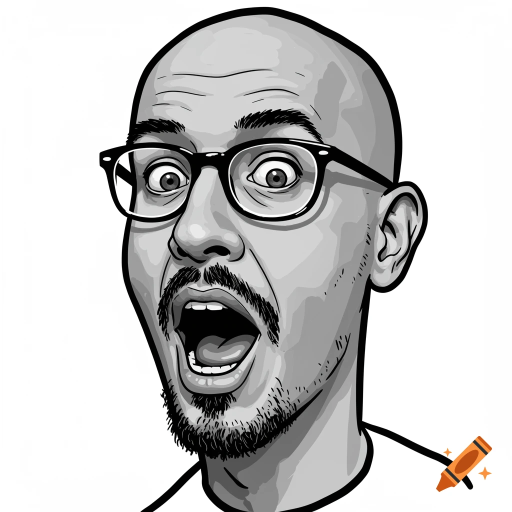 Black and white MS Paint style portrait of a surprised bald man with glasses and a beard, mouth wide open.