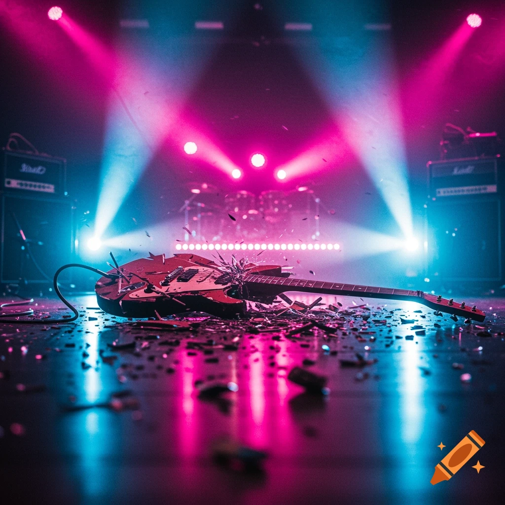 A broken electric guitar lies on a stage amidst debris, lit by vibrant pink and blue stage lights.