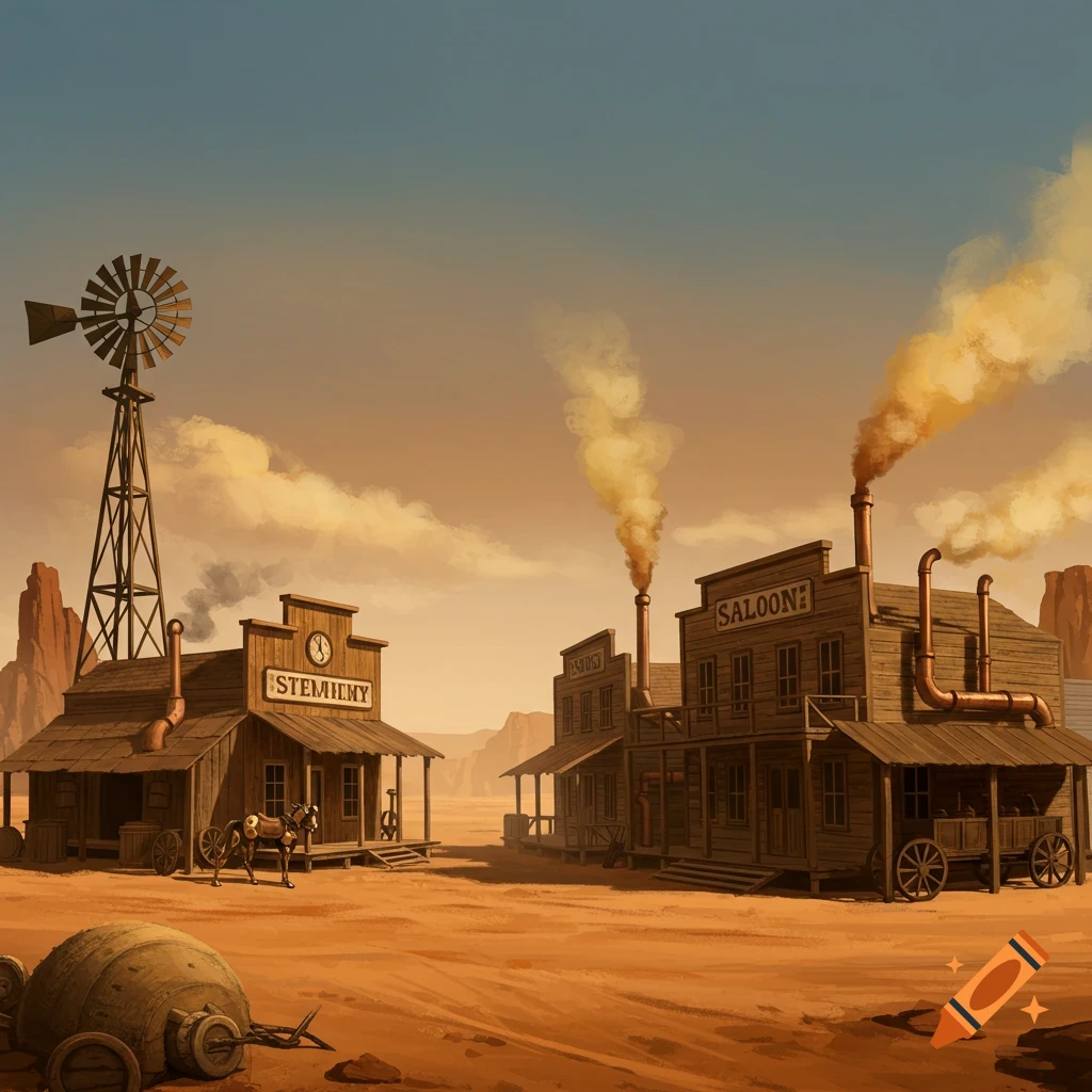 A stylized steampunk wild west town in a desert, with wooden buildings, a windmill, and industrial smoke rising from chimneys.