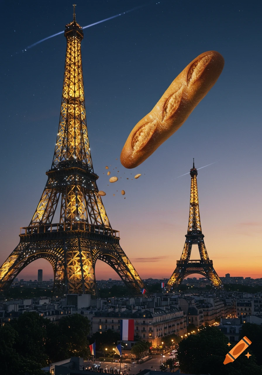 Two illuminated Eiffel Towers at dusk over Paris, with a giant baguette floating in the sky above them, crumbs falling.