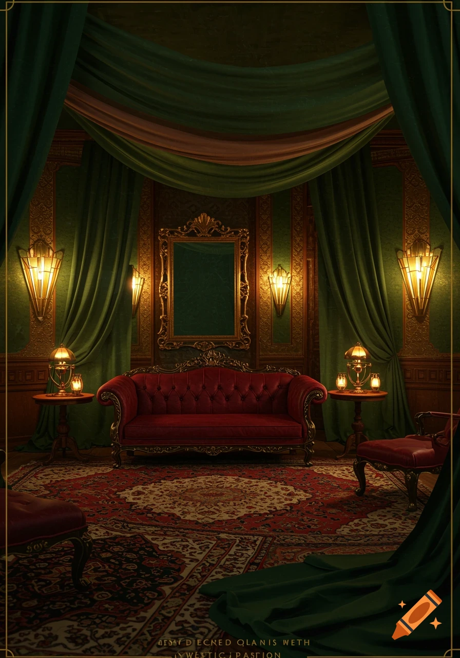 An opulent room with green drapes, a red velvet couch, a large golden mirror, and ornate wall sconces and furniture.