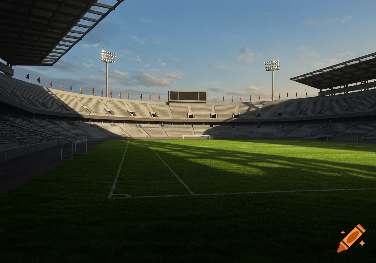 An empty football stadium under a clear blue sky, with sunlight illuminating the green field and casting long shadows.