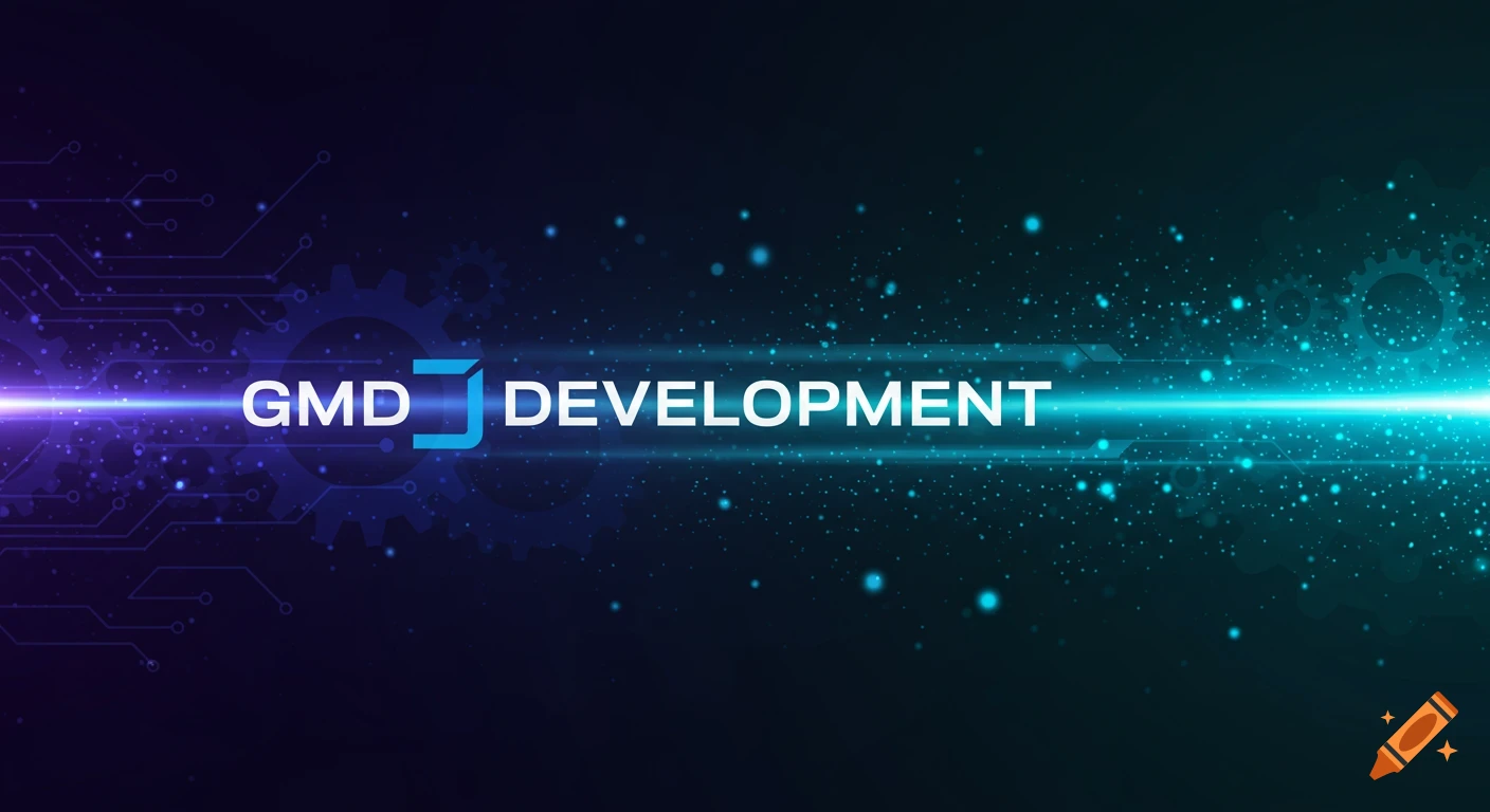 A glowing blue and purple banner with circuits and particles in the background. The text 'GMD DEVELOPMENT' is centered in white with a blue stylized 'D'.
