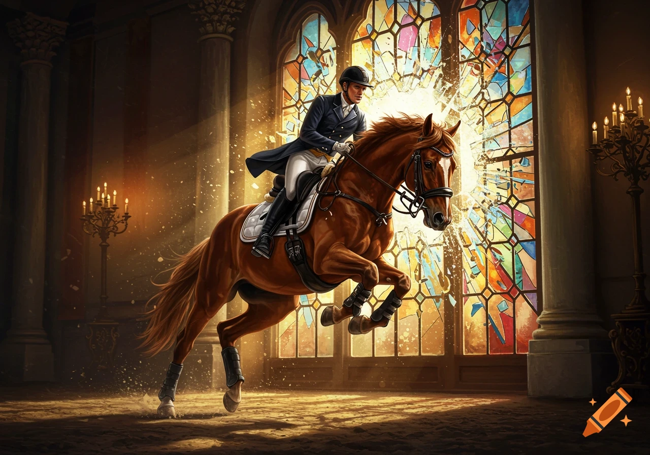 A rider on a brown horse leaps through a shattered stained glass window in a grand hall, with light and glass fragments exploding outwards.