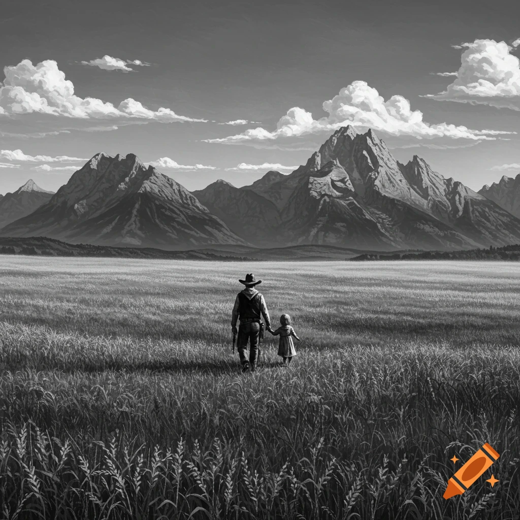 A black and white image of a cowboy and a little girl walking through a vast grassy field towards distant mountains.