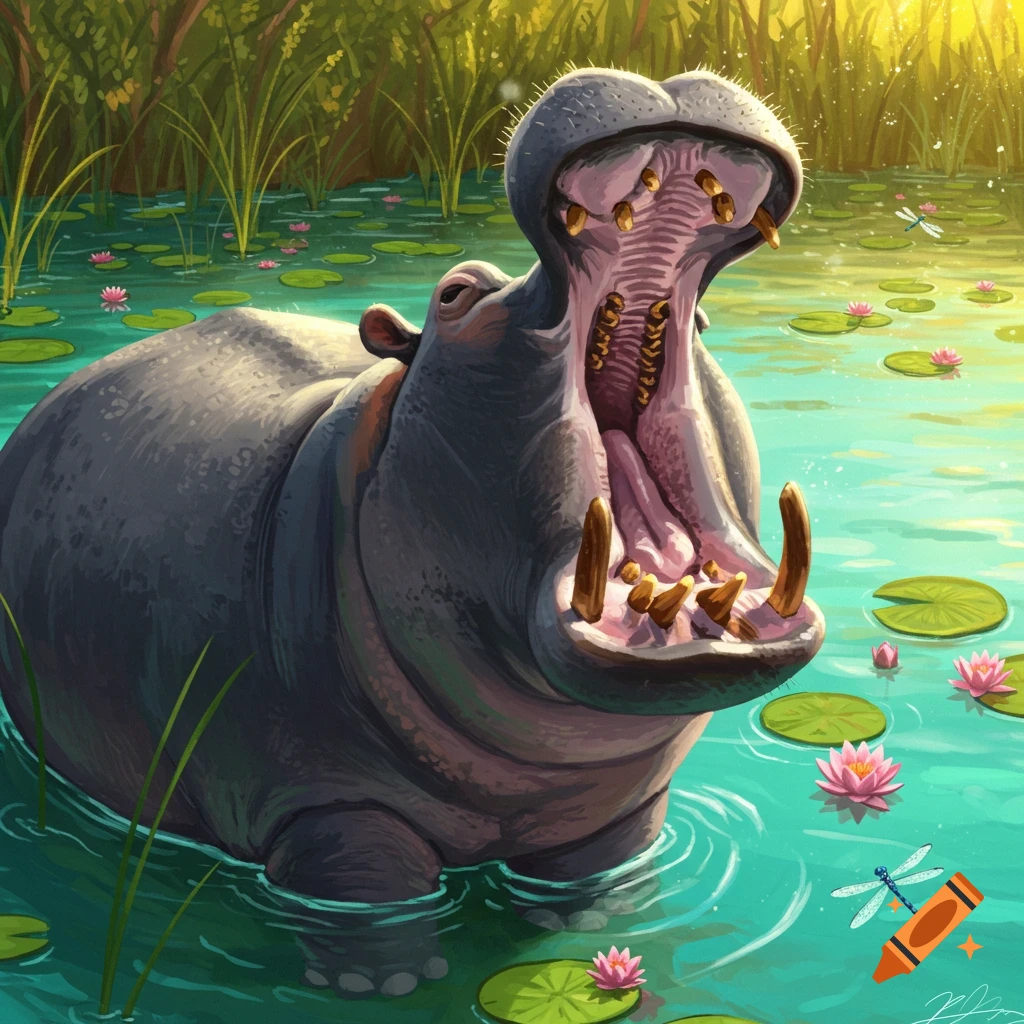 A cartoon hippo with its mouth wide open in a sunny pond with lily pads, pink water lilies, and dragonflies.
