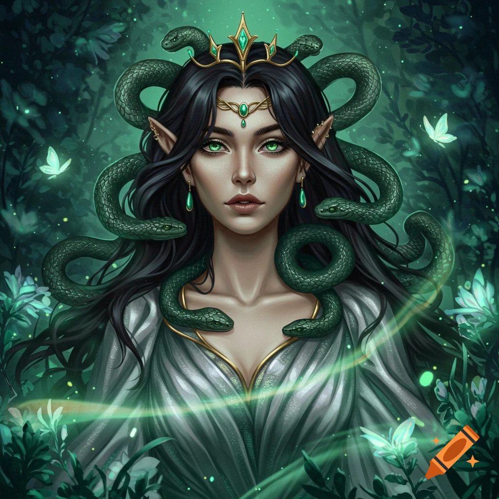 A fantasy portrait of a woman with black hair, green eyes, and snakes entwined in her hair, set in a mystical green forest with glowing lights.