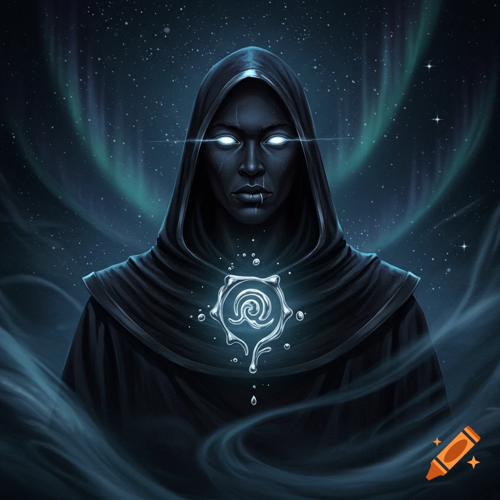 A dark hooded figure with glowing white eyes and a glowing mercury-like symbol on their chest stands against a starry night sky with green aurora.