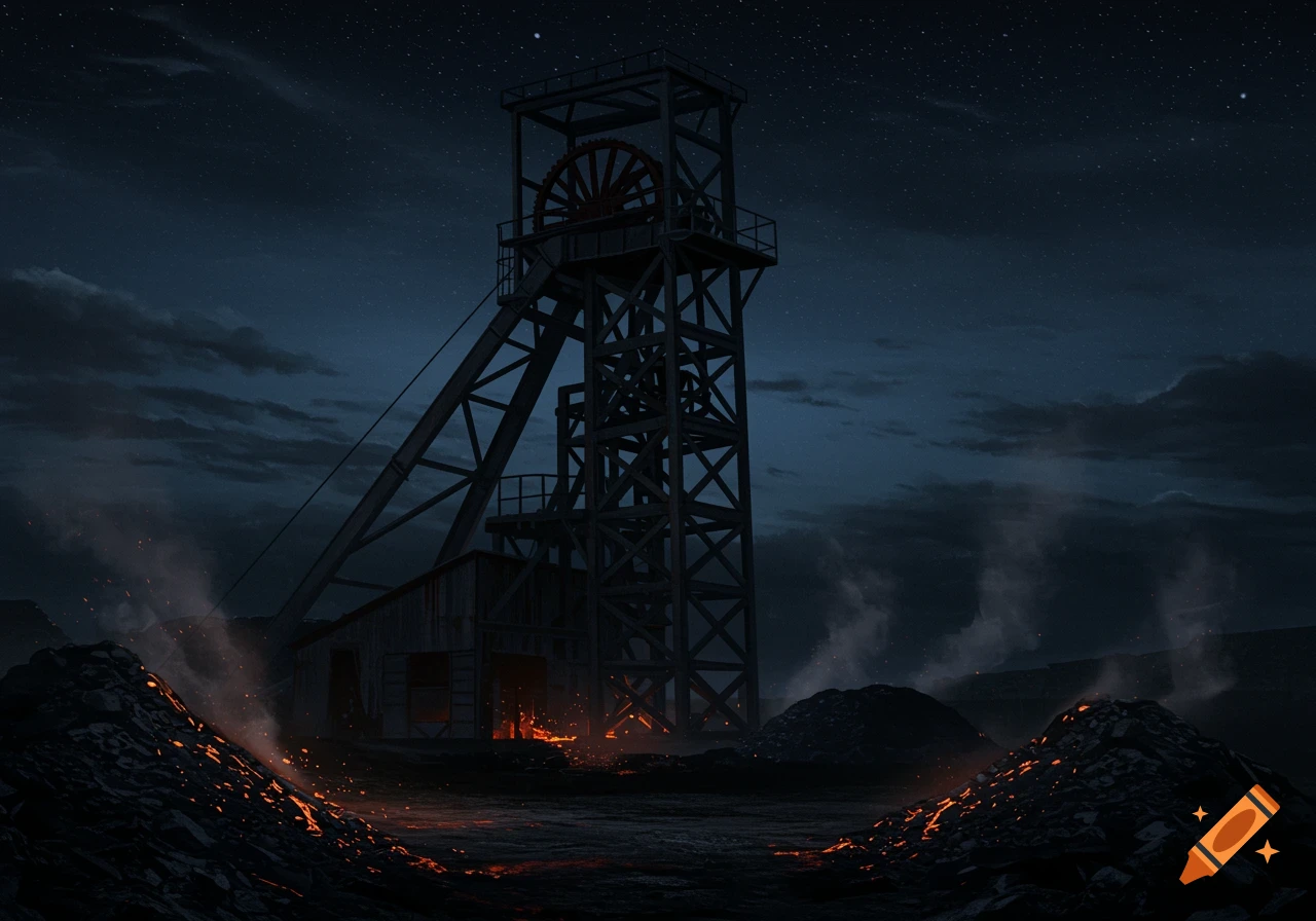 A night scene of a tall coal mine winding gear with a building below it, illuminated by glowing embers from piles of coal under a starry sky.