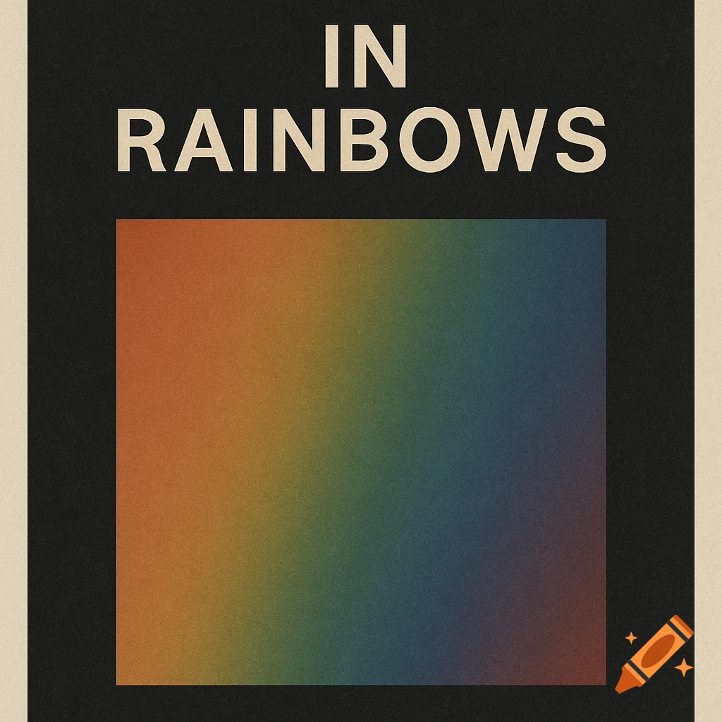 Minimalist music poster with "IN RAINBOWS" text above a muted, grainy rainbow color gradient on a dark background.