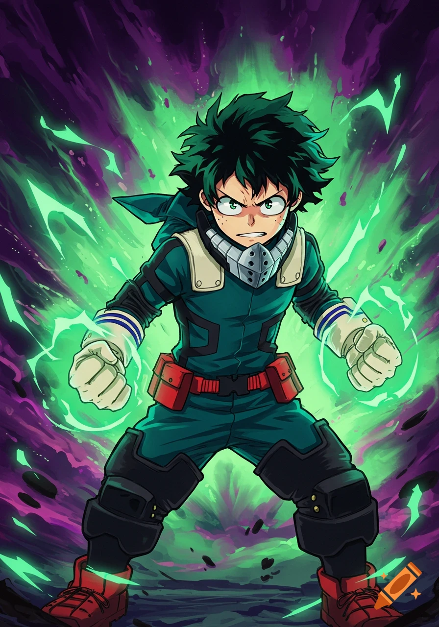 Izuku Midoriya from My Hero Academia in an anime style, standing in an action pose radiating green energy against a dark, swirling background.