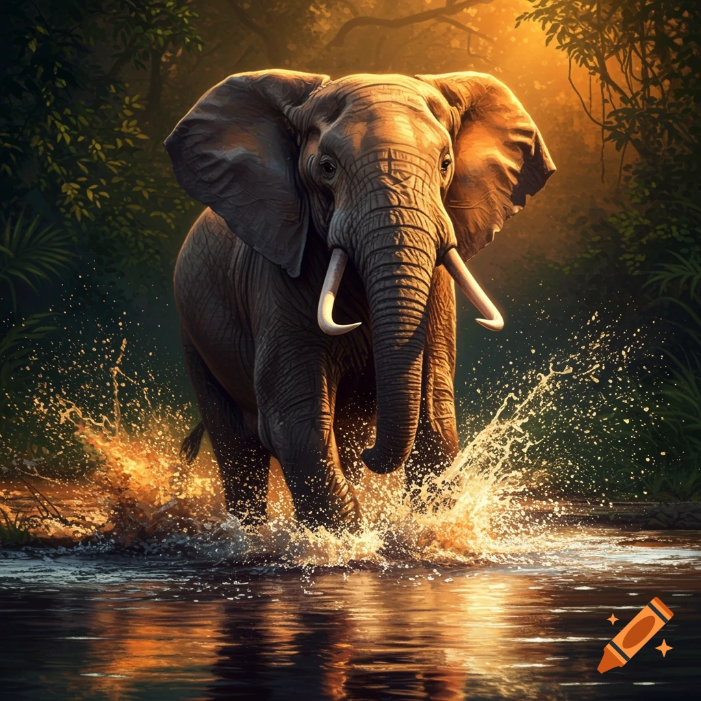 A large elephant splashes through water in a jungle, lit by a golden sunset.
