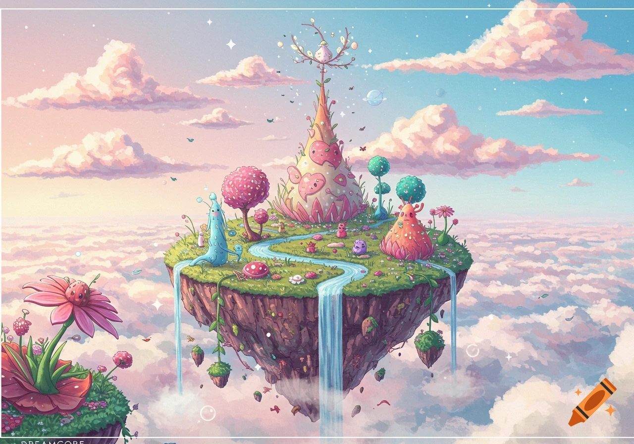 A whimsical floating island in the sky, featuring a colorful, fantastical landscape with a tall, ornate spire, a river cascading down, and various cute, bulbous creatures. Pink and blue clouds fill the sky around it, in a soft, dreamy art style.
