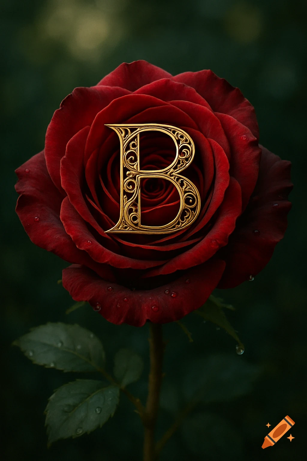 A vibrant red rose with a golden ornate letter B prominently incorporated into its petals.
