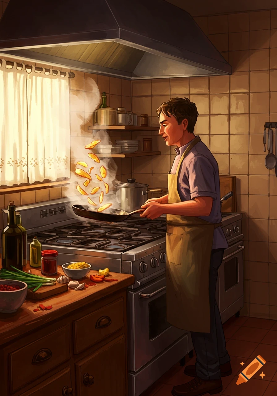 Man in an apron tossing food in a pan over a stove in a cozy kitchen, in a painterly style.