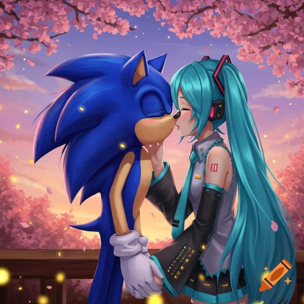 Sonic the Hedgehog and Hatsune Miku share a kiss under a cherry blossom tree at sunset in an anime style.