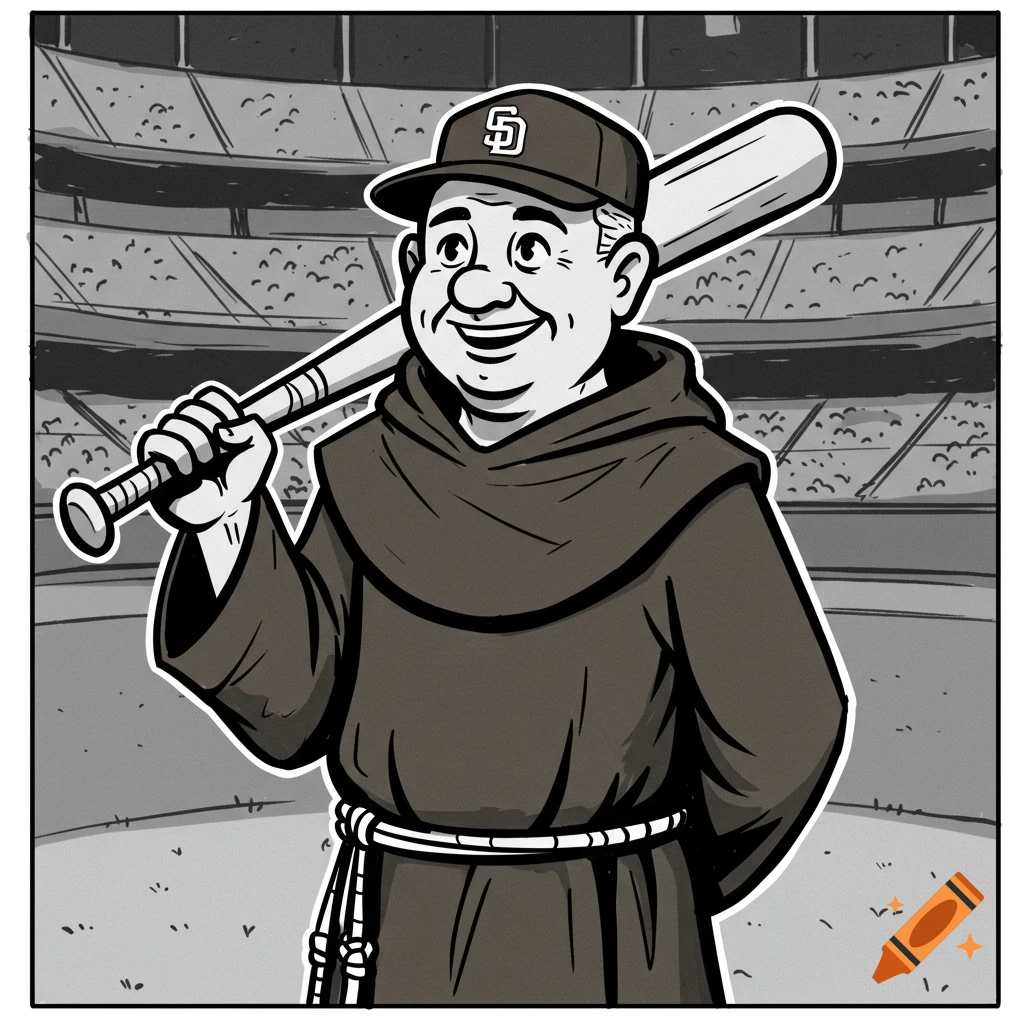A black and white cartoon of a smiling San Diego Padres friar mascot in a baseball cap, holding a bat over his shoulder, in a stadium.
