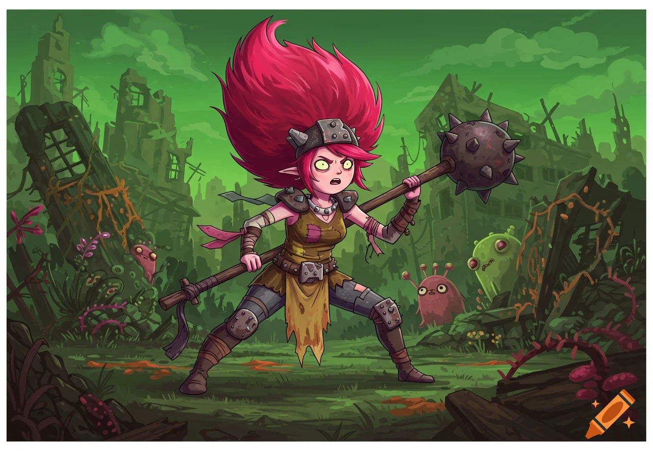 A cartoon post-apocalyptic raider girl with pink hair holds a spiked mace in a green wasteland with strange creatures.