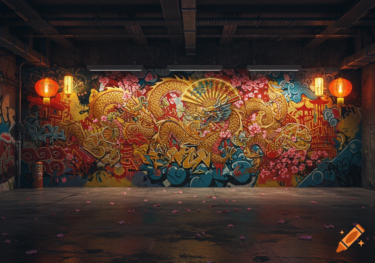 A vibrant Chinese dragon mural adorns a dark, grungy urban wall, flanked by glowing red lanterns. Pink cherry blossoms and fallen petals add color to the concrete floor.