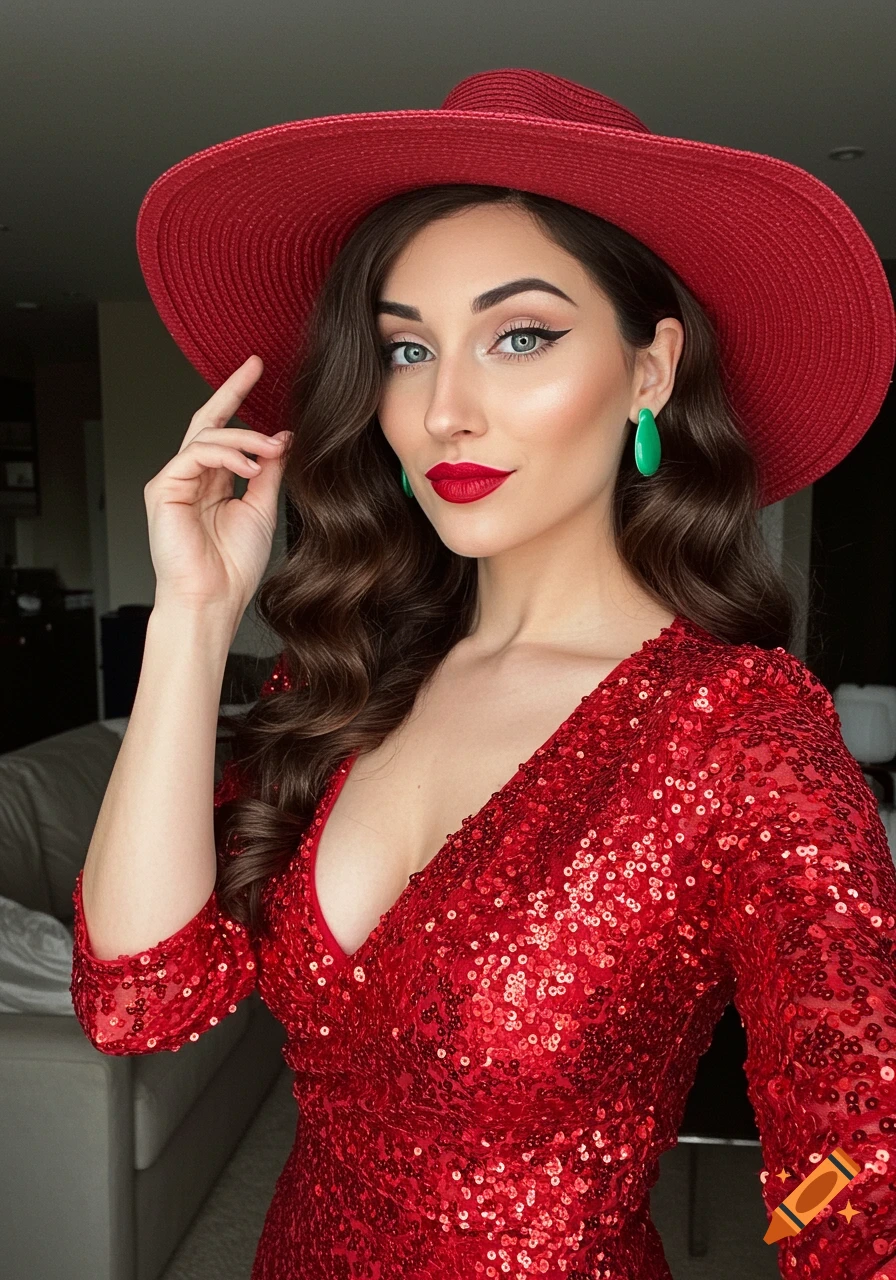 A woman in a vibrant red sequin dress and a wide-brimmed red hat, with bold red lipstick and green teardrop earrings.