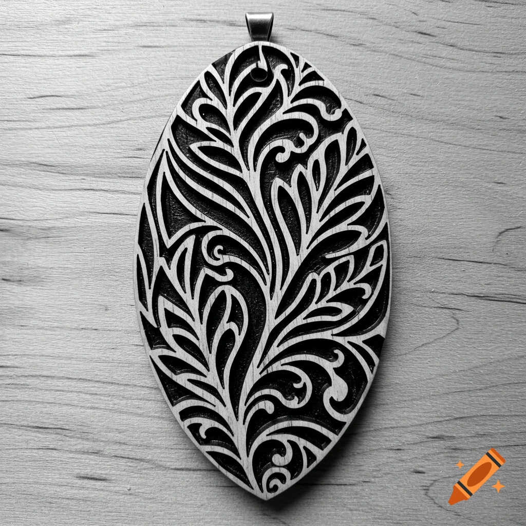 A monochrome carved wood oval pendant with intricate leaf patterns.