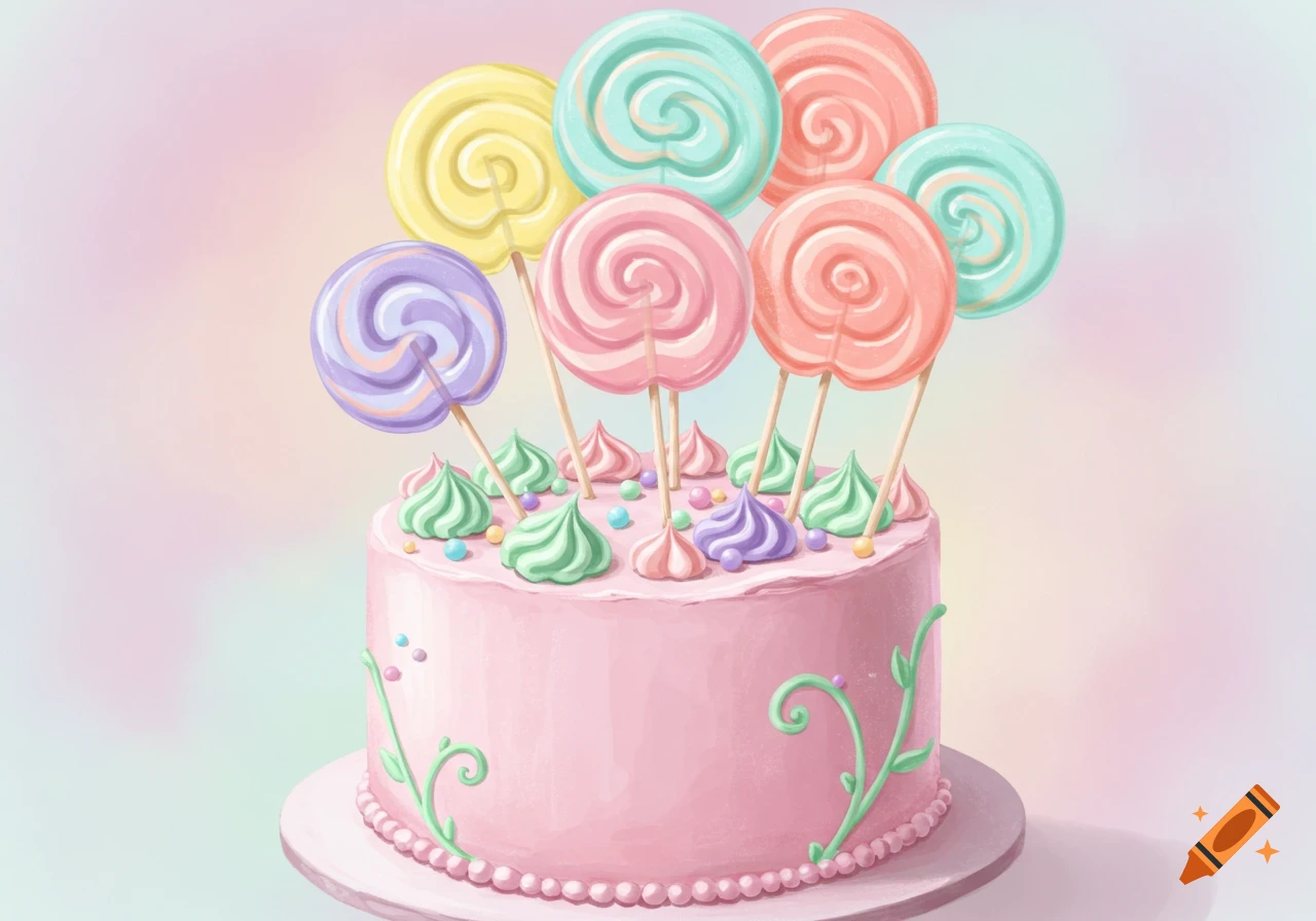 A pastel pink cake decorated with colorful lollipop toppers, meringue drops, and green vines, in an illustration style.